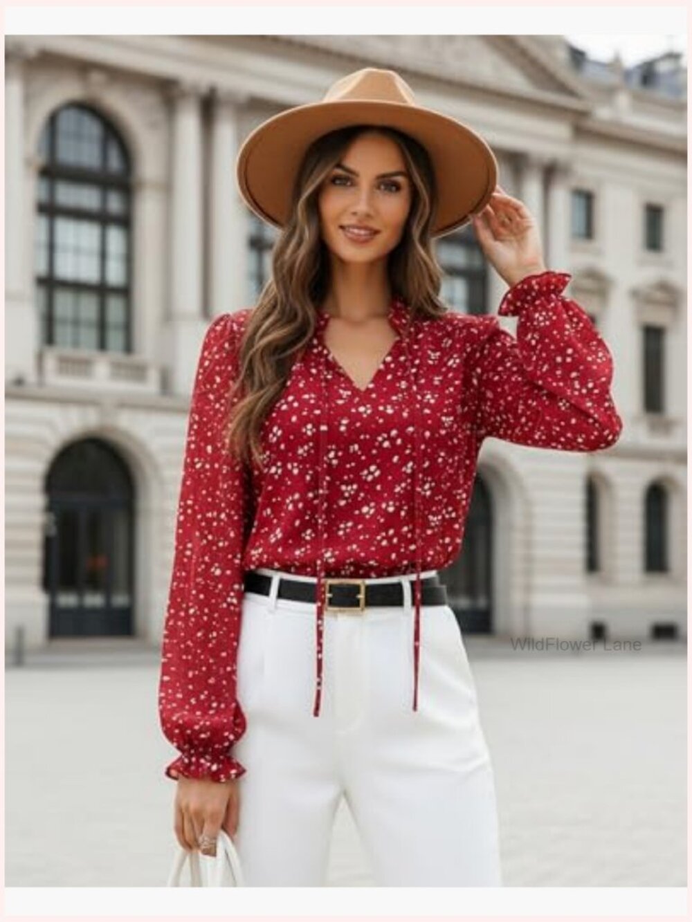 Ruffle V Neck Tie Front Long Sleeve Chiffon Tunic Blouse Work Tops - Picture 4 of 7